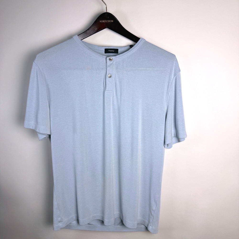 Theory Gaskell Short Sleeve Modal Henley Mens M (Measures L) Light Blue Boxy Tee
